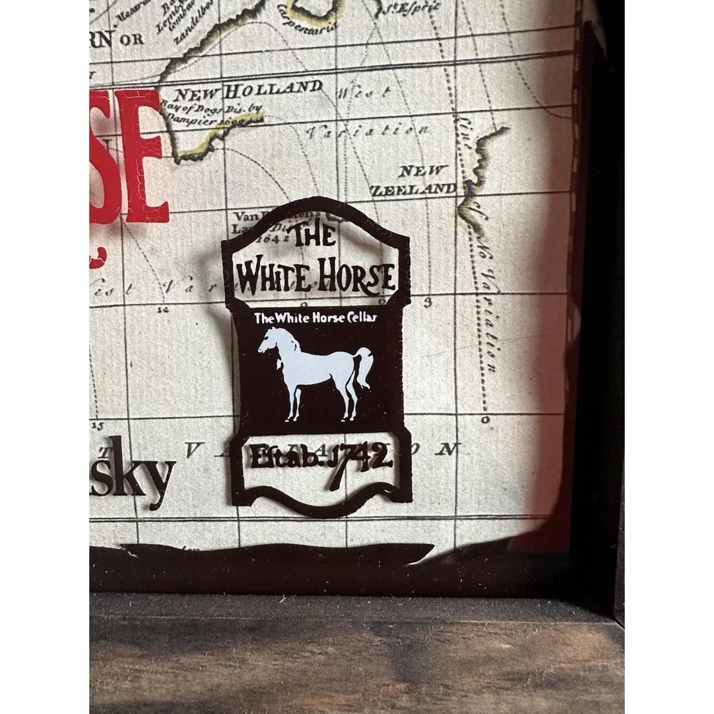 VTG White Horse Whiskey 1742 World Map Bar Wall Hanging Distillery Wood Frame‎